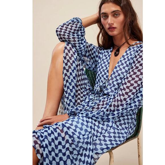 Free People Dresses & Skirts - New FREE PEOPLE Shona Joy Elina Lace-up Front Drawstring Dress $460 SIZE 2 Blue